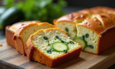 Gâteau de courgette et chèvre tranché sur table rustique
