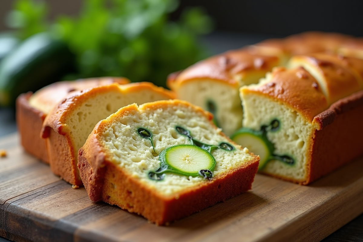 Gâteau de courgette et chèvre tranché sur table rustique