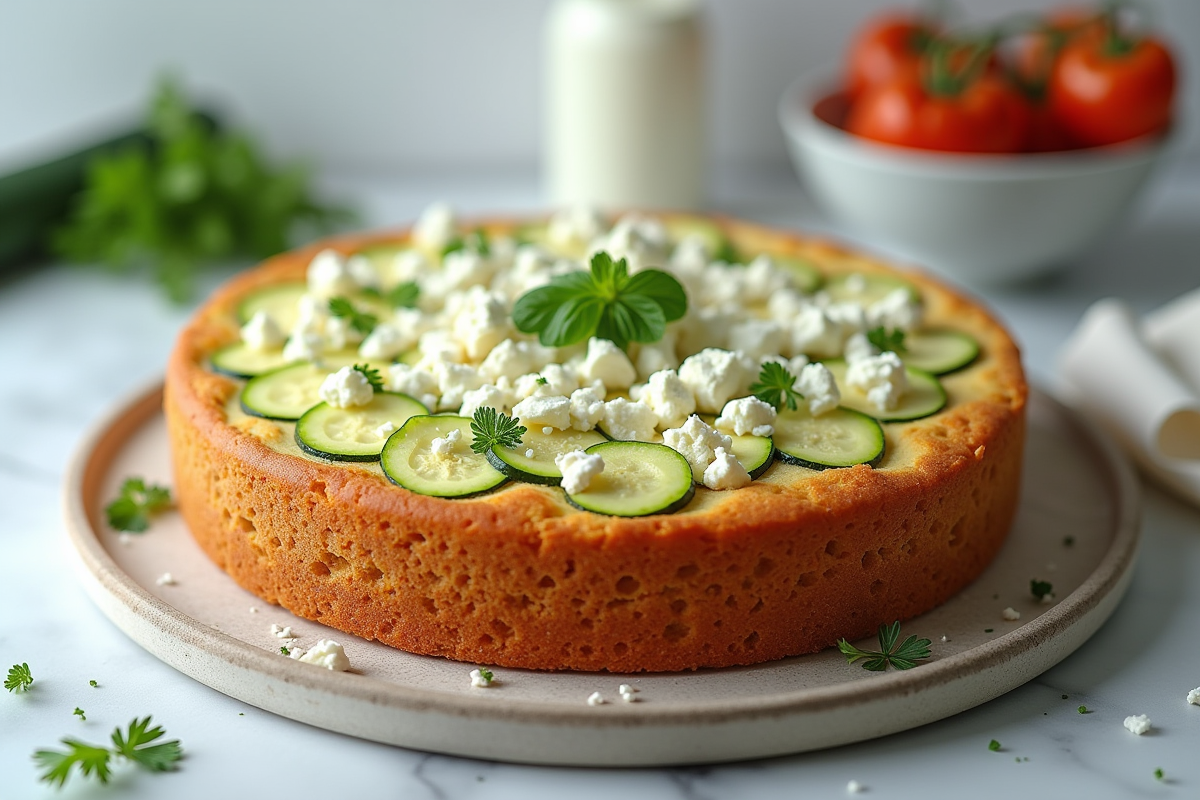 Gâteau de courgette et chèvre entier sur plan de travail moderne