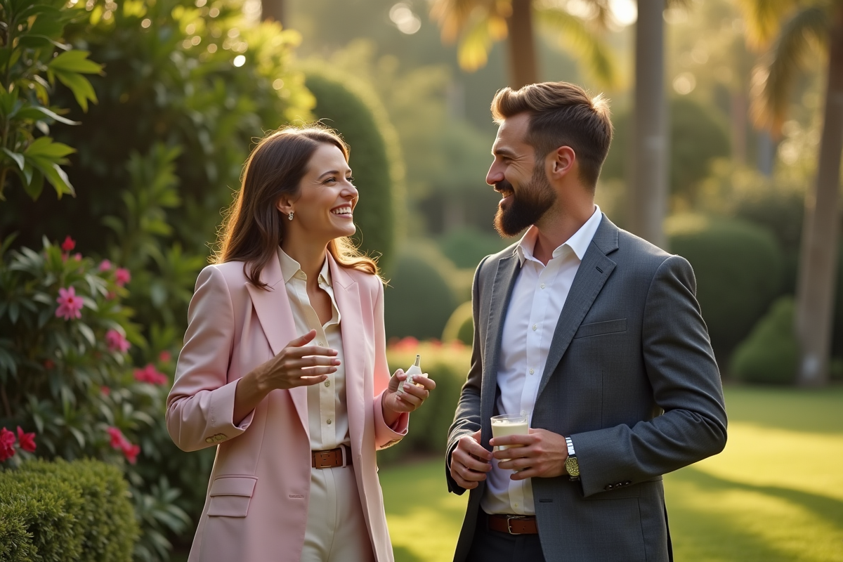 Groupe d amis en tenue chic lors d une garden party