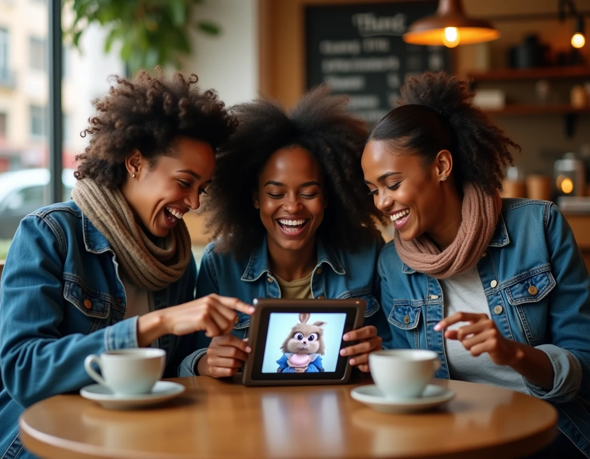 Groupe d'amis riant ensemble devant un mème Alice au Pays des merveilles sur tablette dans un café urbain