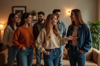 Groupe d'amis jeunes adultes lors d'une soirée conviviale