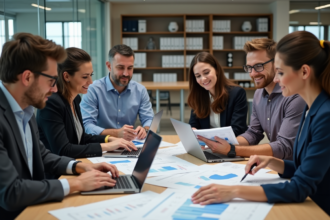 Groupe de collègues au bureau collaborant autour d'une table