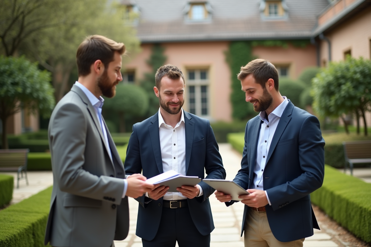 Groupe divers en extérieur discutant dans un jardin