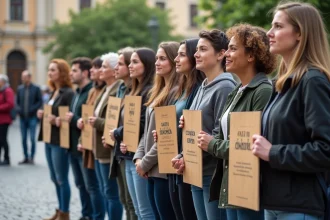 Groupe diversifié dans une place urbaine avec banderoles inclusives