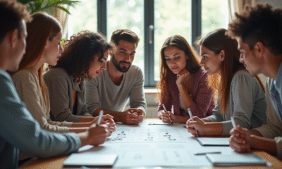 Groupe de jeunes autour d'une table avec un graphique sur les professions