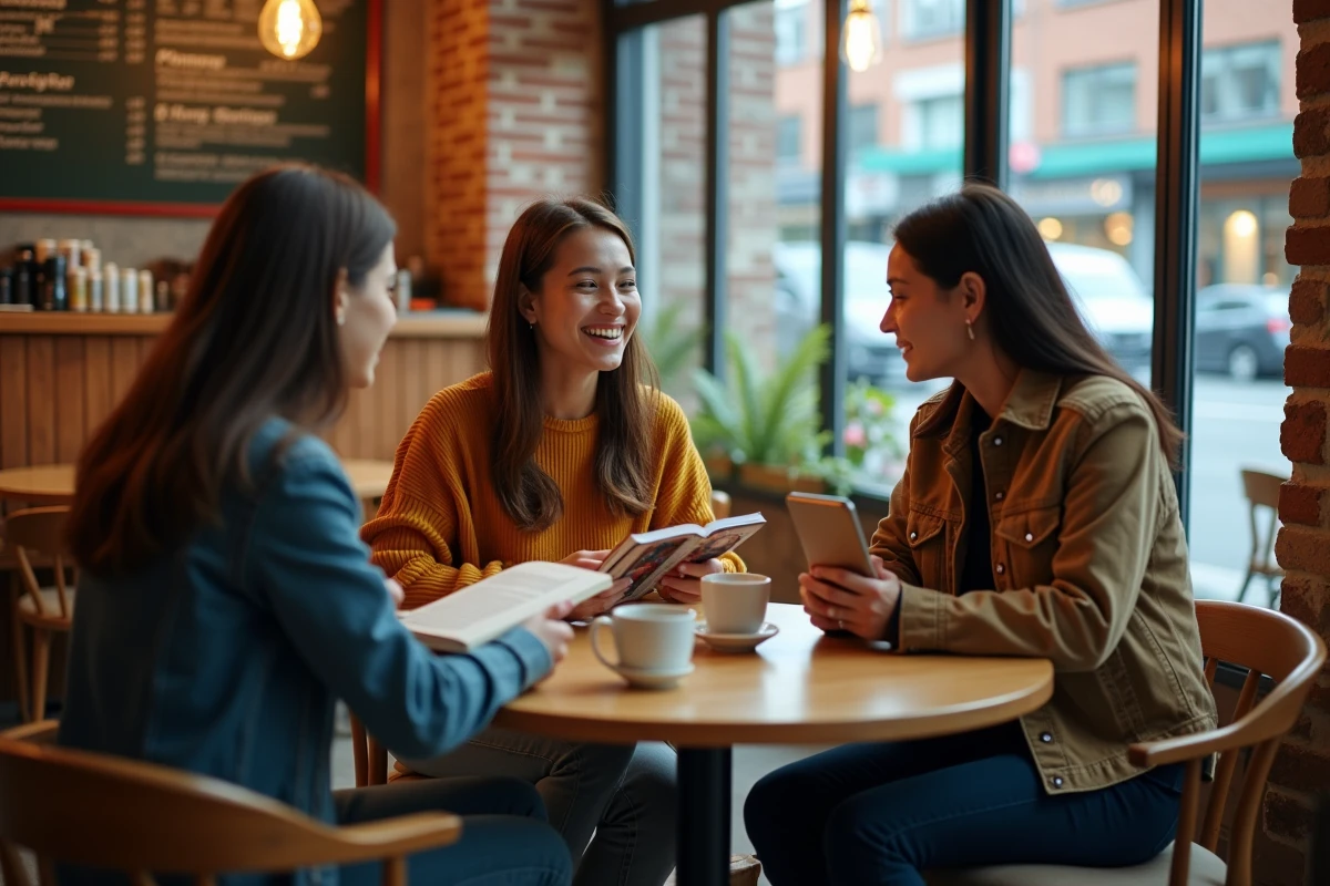 Groupe de jeunes adultes discutant de manga autour d'une table dans un café urbain, évoquant la communauté de lecteurs et les avis sur Phénix Scans