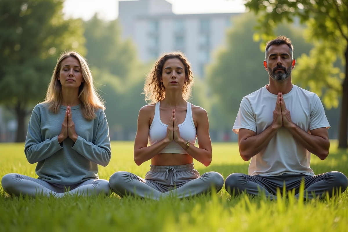 Groupe de personnes pratiquant la pleine conscience en plein air