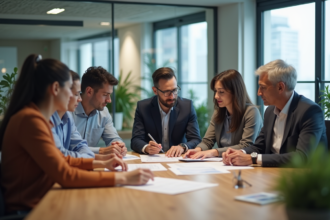 Groupe de professionnels en réunion dans un bureau moderne