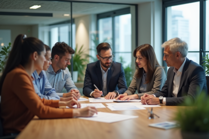 Groupe de professionnels en réunion dans un bureau moderne