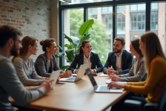 Groupe de professionnels en réunion dans un espace coworking moderne