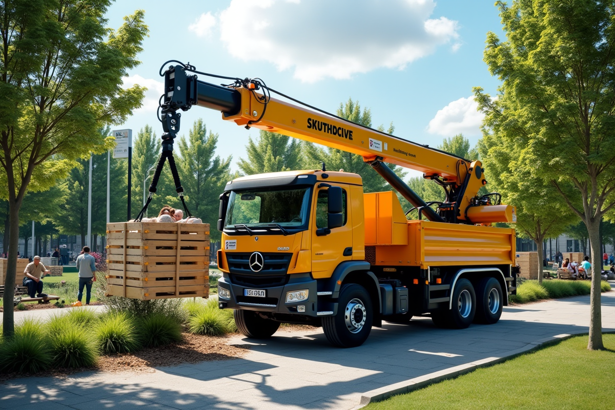 Mini grue urbaine déchargeant des matériaux dans un parc