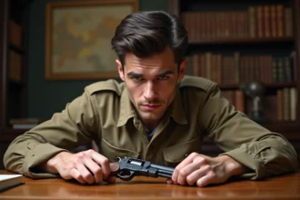 Jeune historien militaire examinant un pistolet vintage 9mm