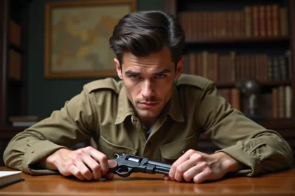 Jeune historien militaire examinant un pistolet vintage 9mm