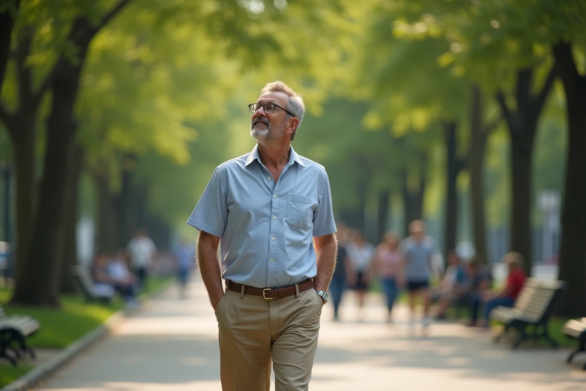 Homme marchant dans un parc urbain ensoleille avec des arbres et des bancs