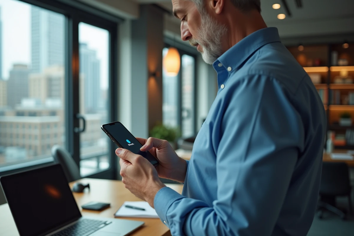 Homme bloquant un contact sur son téléphone dans un bureau moderne