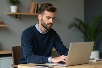 Homme en tenue décontractée travaillant sur un ordinateur dans un bureau moderne