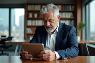 Homme d'âge moyen avec veste bleue dans un bureau moderne