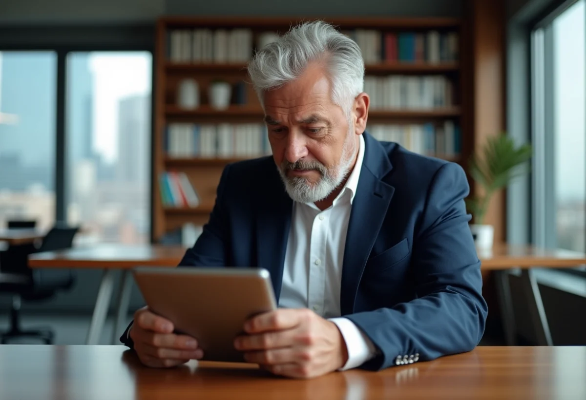 Homme d'âge moyen avec veste bleue dans un bureau moderne