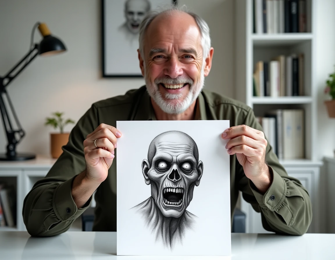 Homme tenant fièrement son dessin de zombie détaillé fait à la main dans un bureau