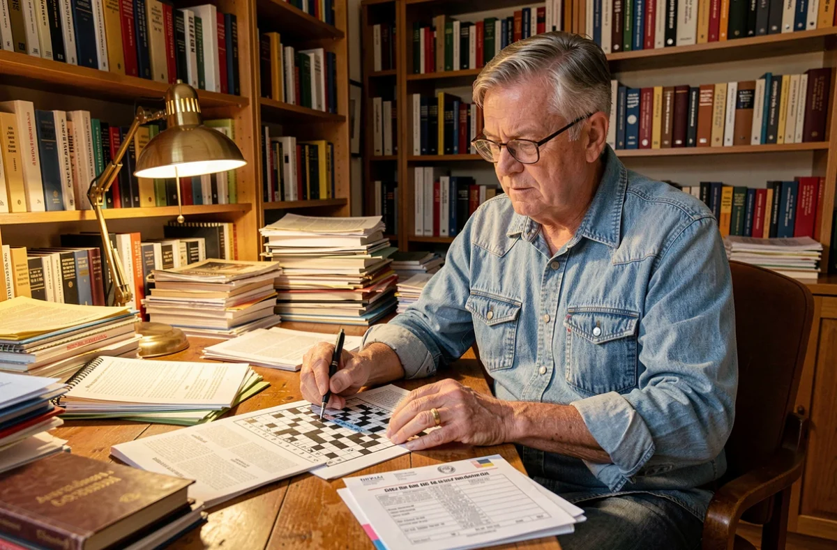 Homme âgé consultant un dictionnaire pour résoudre un complément d'adresse dans une grille de mots fléchés