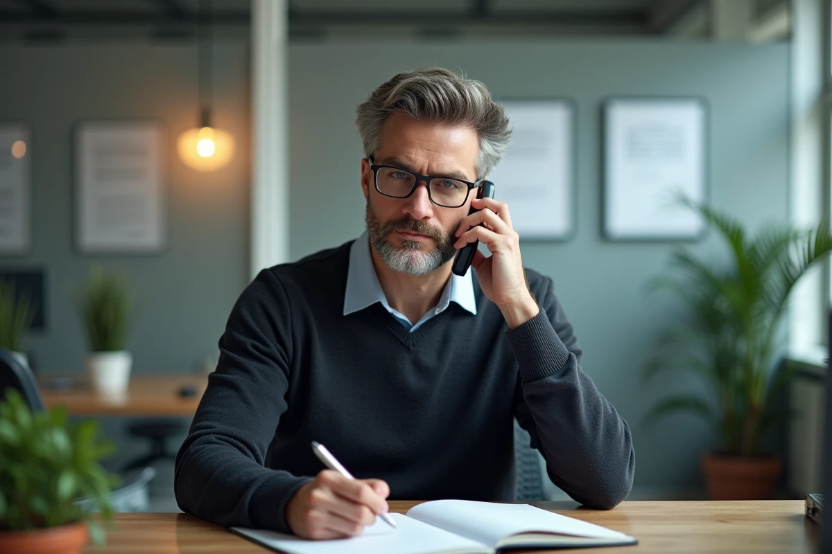 Homme sérieux en pleine conversation téléphonique dans un bureau