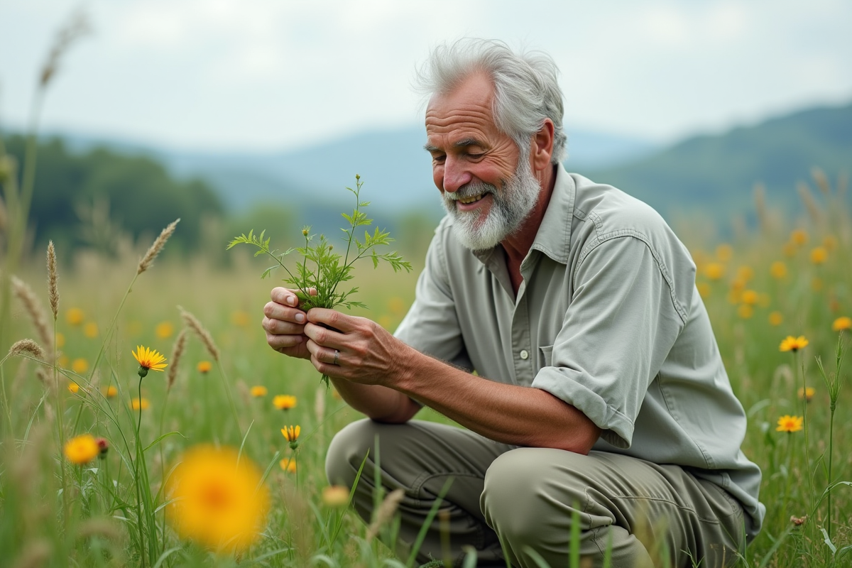 Homme âgé cueillant des herbes dans une prairie sauvage