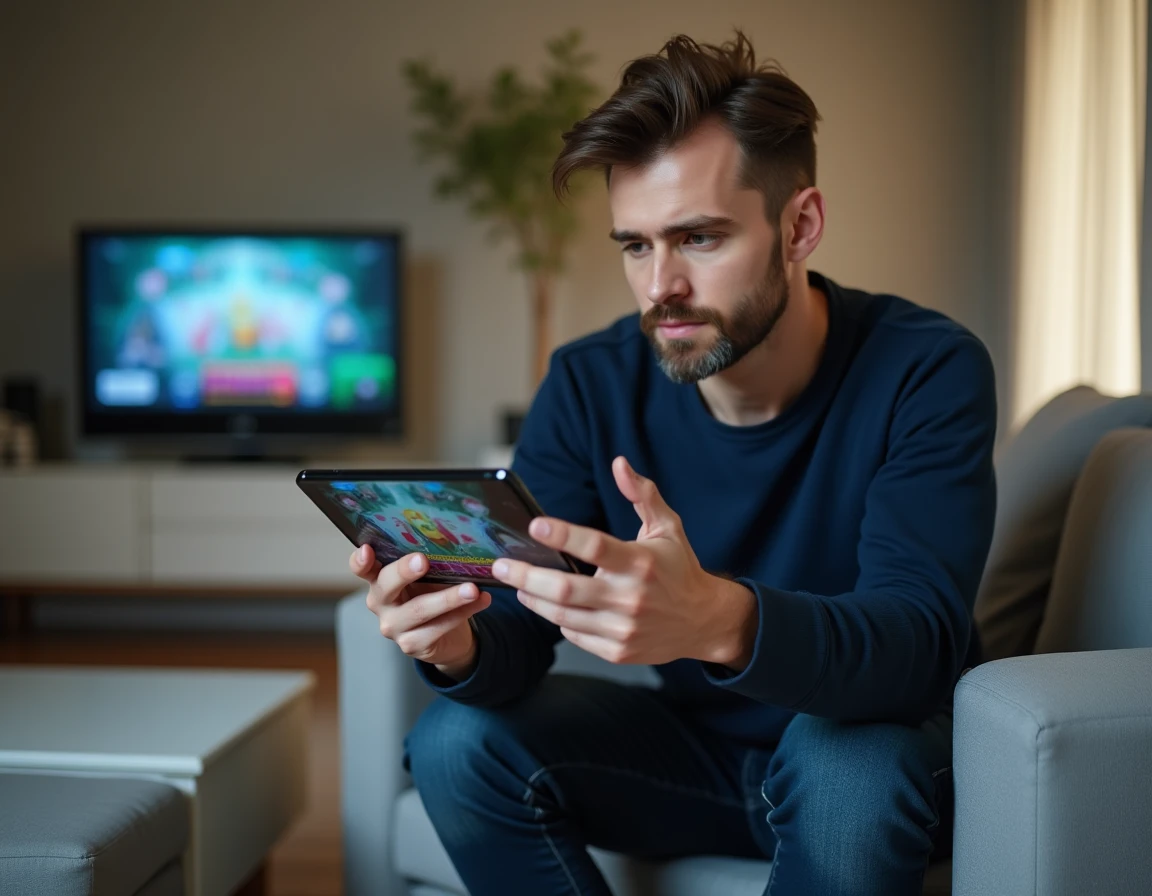 Homme récupérant des dés Monopoly GO via un lien sécurisé sur son téléphone Android dans un salon moderne