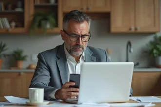 Homme d'âge moyen au bureau à domicile avec smartphone et ordinateur
