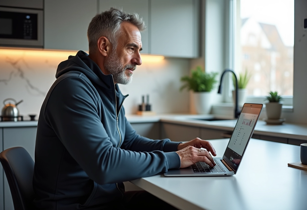 Homme d age moyen regardant son ordinateur dans la cuisine