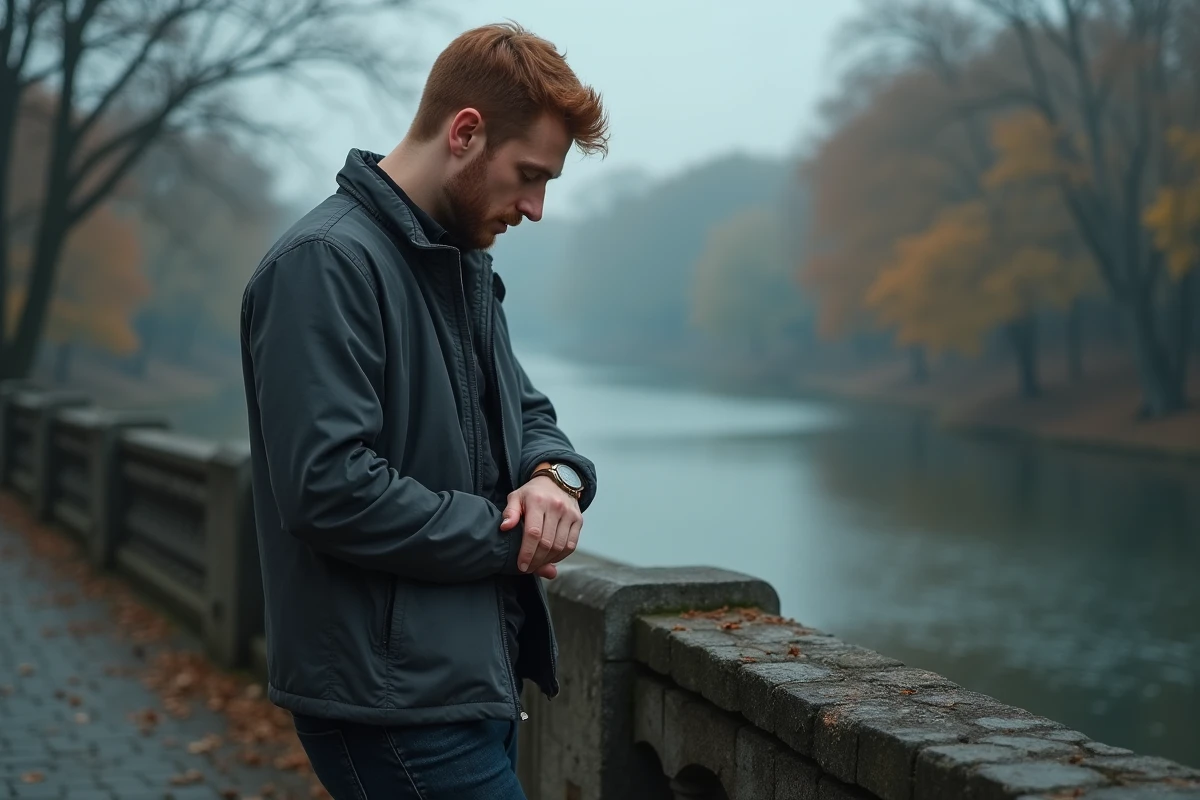 Homme sur un pont regardant sa montre, évoquant un tournant de vie lié au nombre angélique 2222