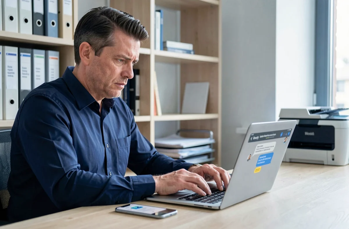 Homme rédigeant un mail de réclamation à Darty depuis son bureau à domicile avec documents et smartphone
