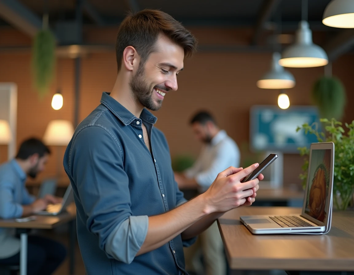 Homme consultant un fil Reddit sur smartphone avec des mèmes Alice au Pays des merveilles dans un espace de coworking