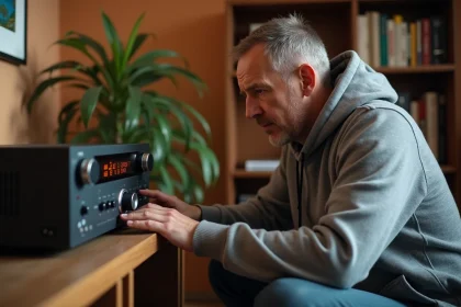 Homme cherchant la fréquence radio de Skyrock sur un récepteur FM dans un salon