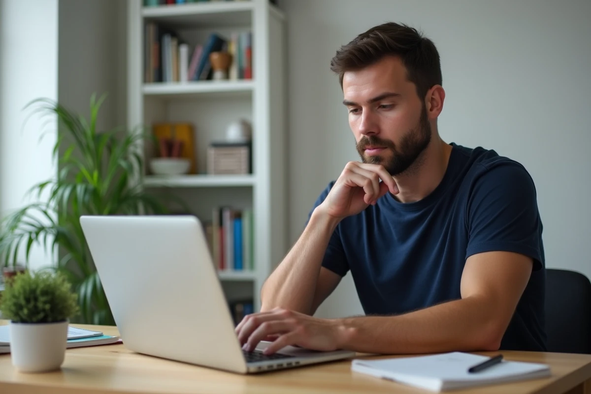 Homme utilisant un site de rencontre sérieuse sur ordinateur portable dans son appartement moderne