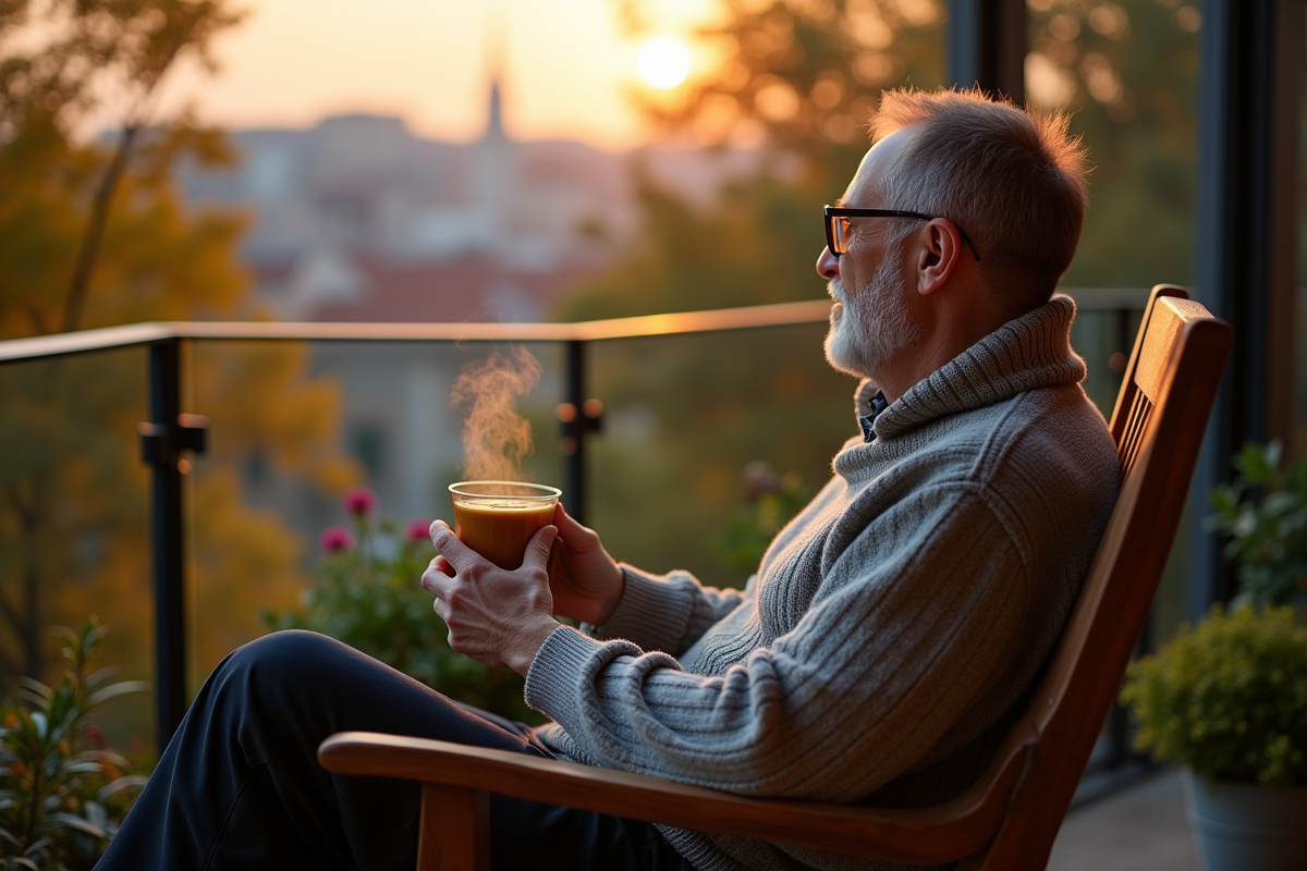 Homme sirotant une tisane sur un balcon au lever du jour