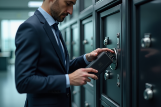 Homme d affaires insere disque dur dans un coffre-fort