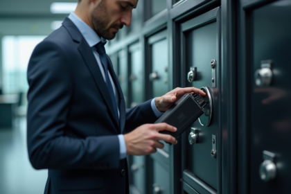 Homme d affaires insere disque dur dans un coffre-fort