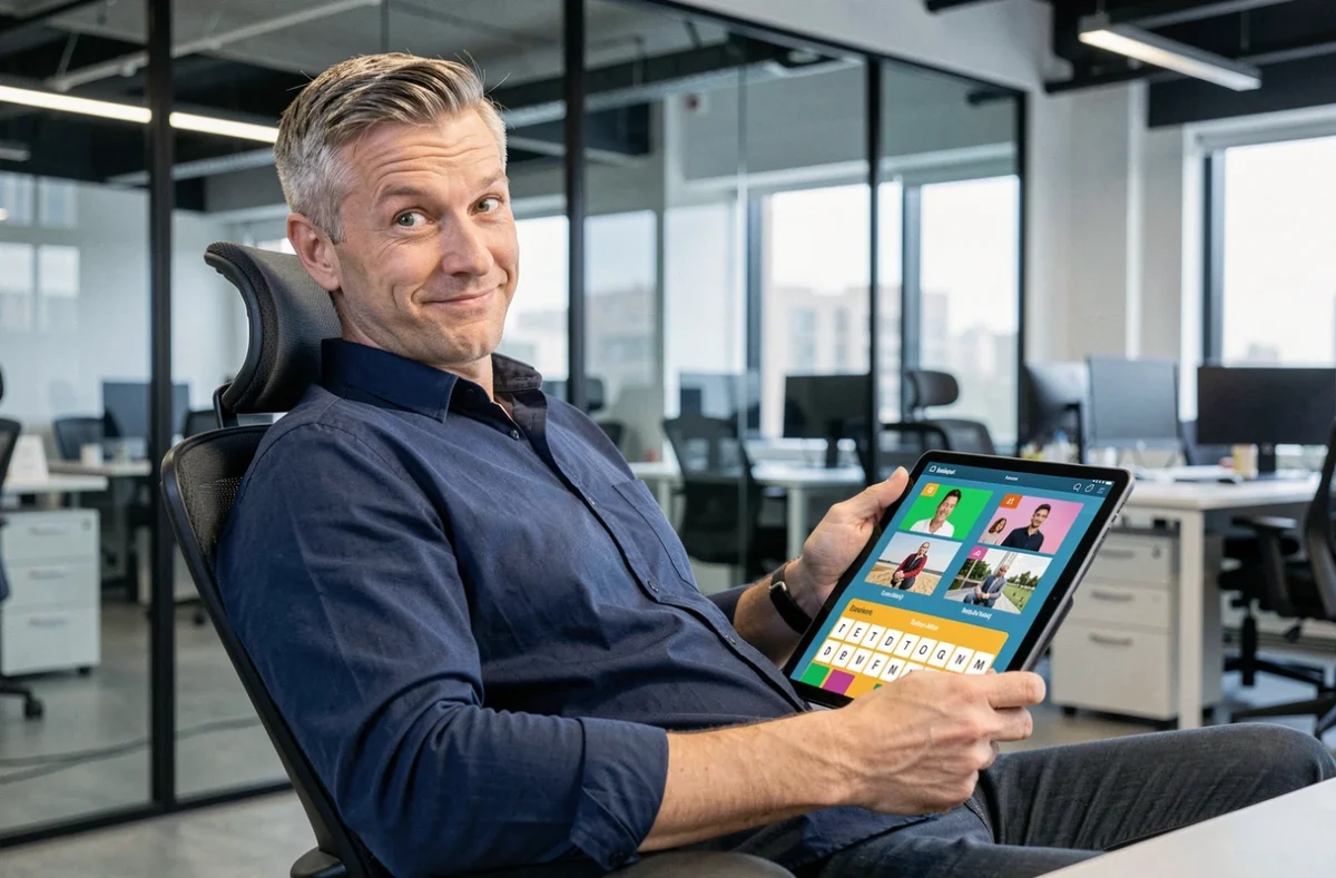 Homme adulte bloqué sur un mot de 5 lettres dans le jeu 4 images 1 mot sur tablette au bureau