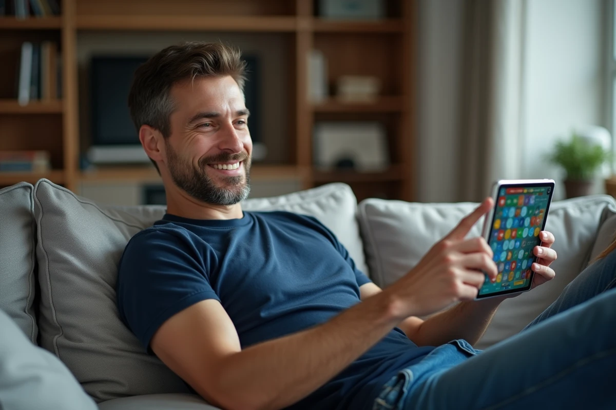 Homme sur tablette maximisant ses gains dans Monopoly GO lors d'événements spéciaux