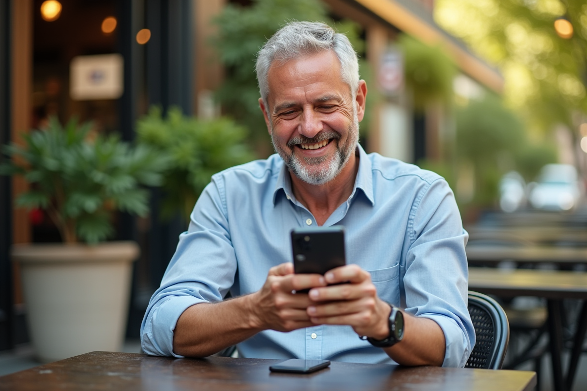 Homme souriant utilisant une application bancaire au café