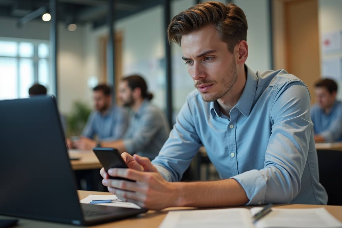 Jeune homme remplissant un formulaire en ligne au bureau