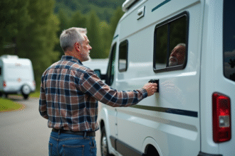 Homme vérifiant la caméra de recul d’un camping-car blanc