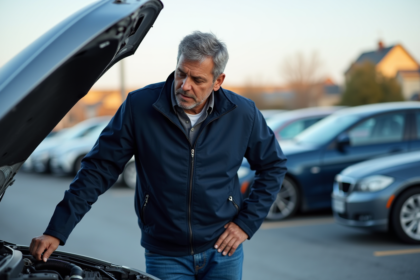 Homme inspectant le moteur d'une voiture d'occasion en concession