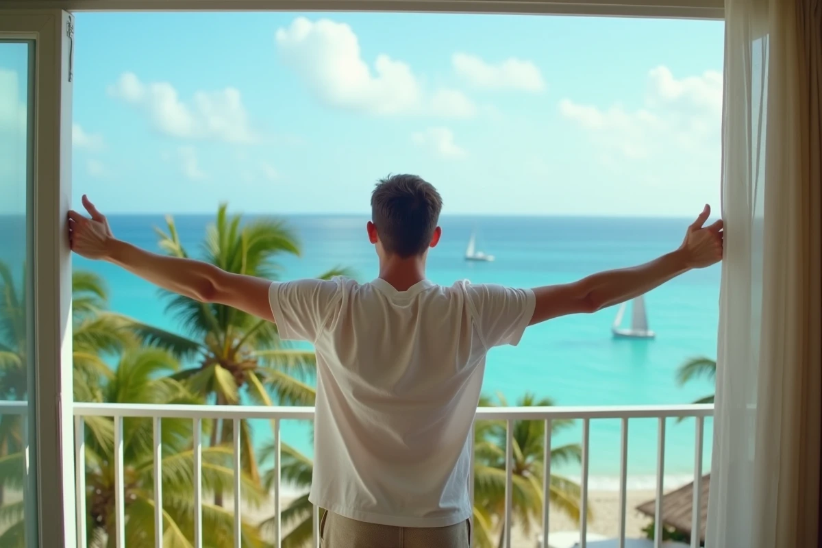 Homme regardant la mer depuis un balcon en Guadeloupe