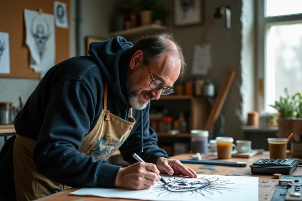 Illustrateur dessinant un clown maléfique sur papier dans un atelier d'art créatif