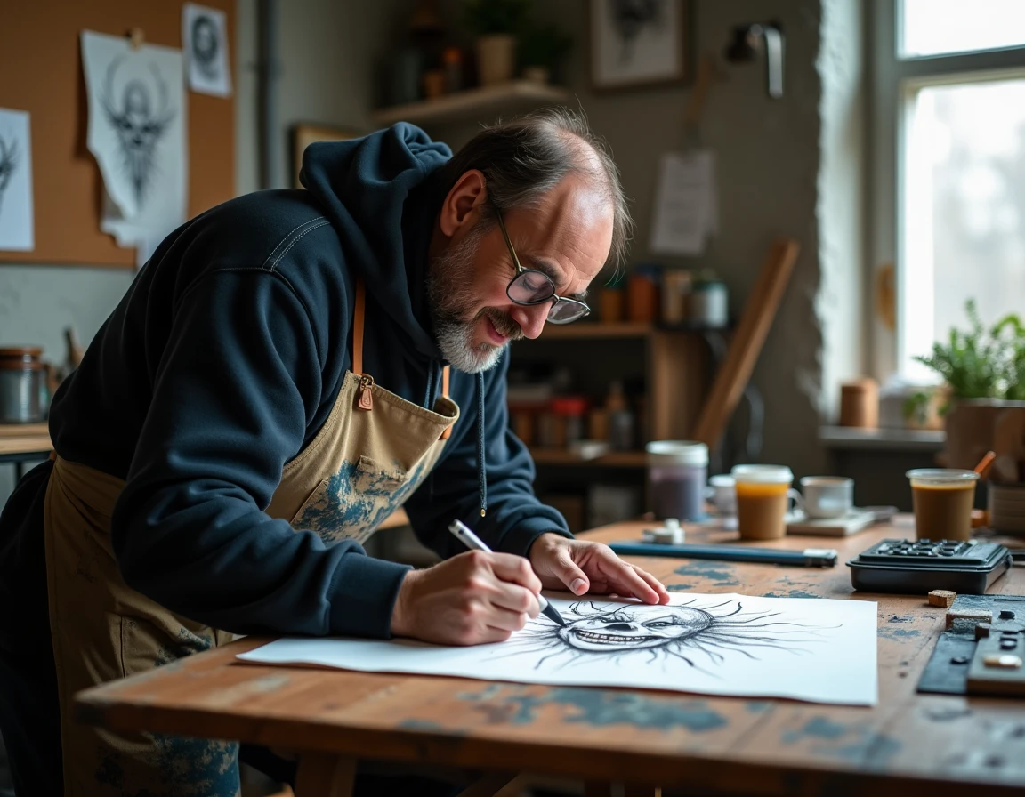 Illustrateur dessinant un clown maléfique sur papier dans un atelier d'art créatif