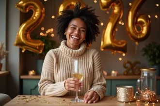 Femme souriante tenant une coupe de champagne devant des décorations Bonne Année 2026 en ballons dorés