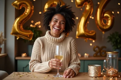 Femme souriante tenant une coupe de champagne devant des décorations Bonne Année 2026 en ballons dorés