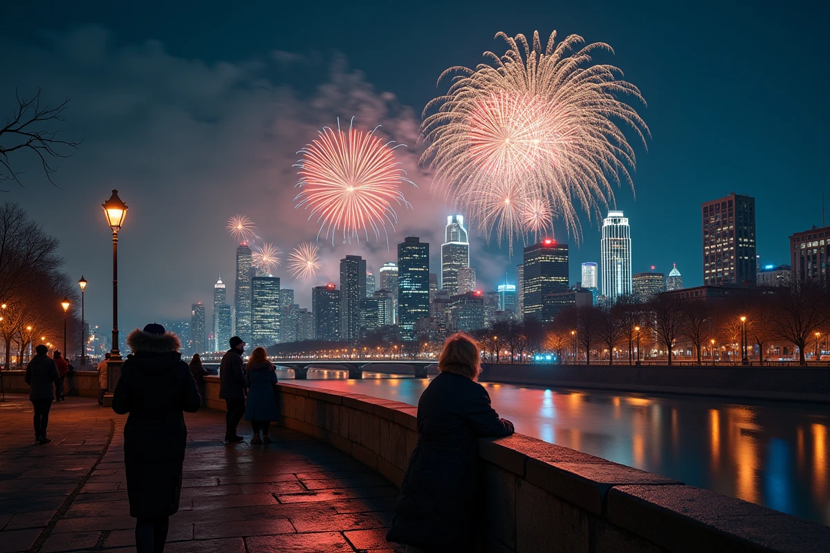 Feux d'artifice du Nouvel An 2026 illuminant un skyline urbain reflété dans une rivière avec silhouettes de passants